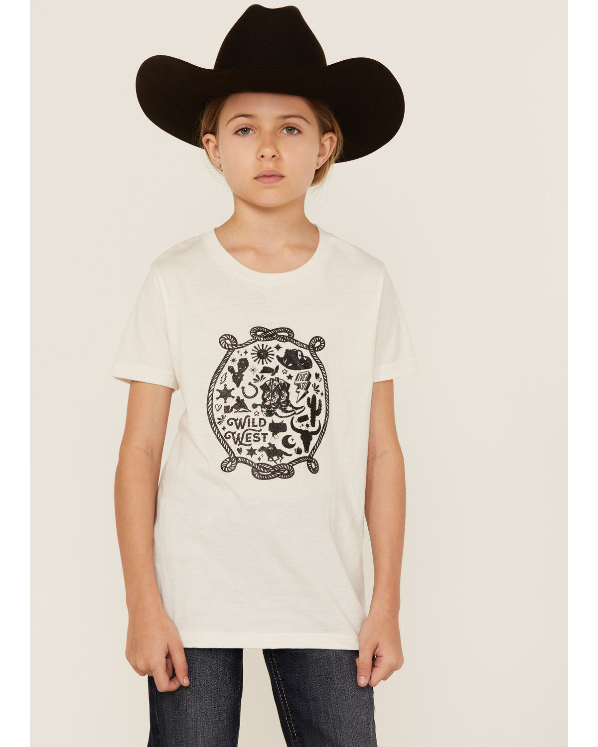 Image #1 - Ali Dee Girls' Wild West Short Sleeve Graphic Tee, Cream, hi-res
