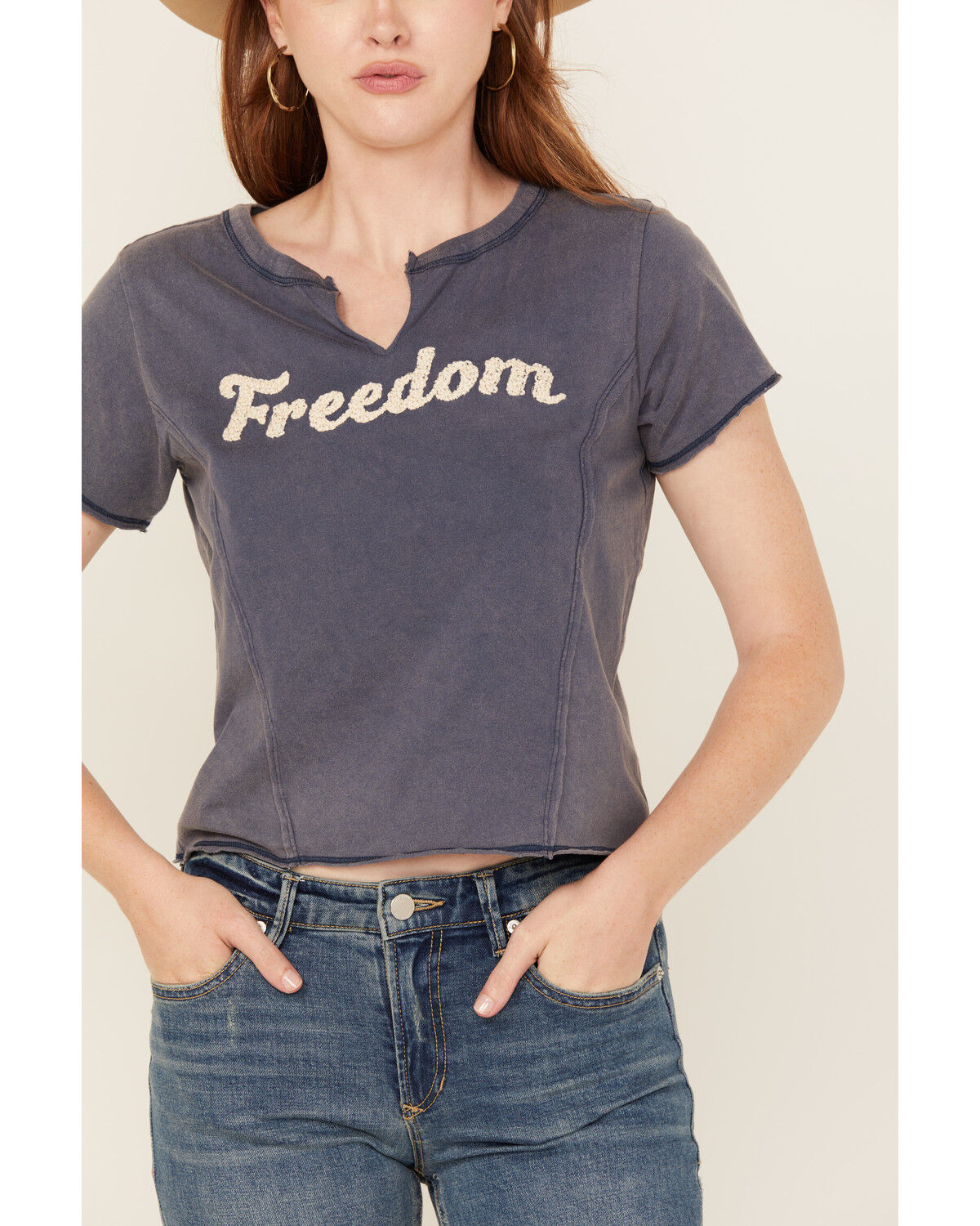 Image #3 - Cleo + Wolf Women's Freedom Short Sleeve Graphic Baby Tee, Navy, hi-res