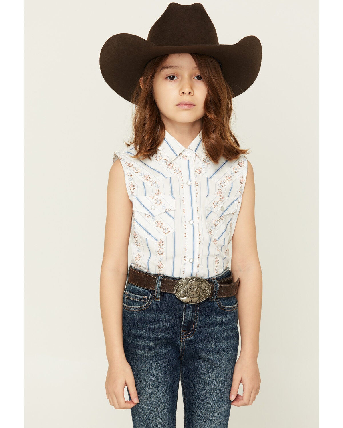 Image #1 - Ely Walker Girls' Horseshoe Wallpaper Sleeveless Snap Western Shirt, White, hi-res