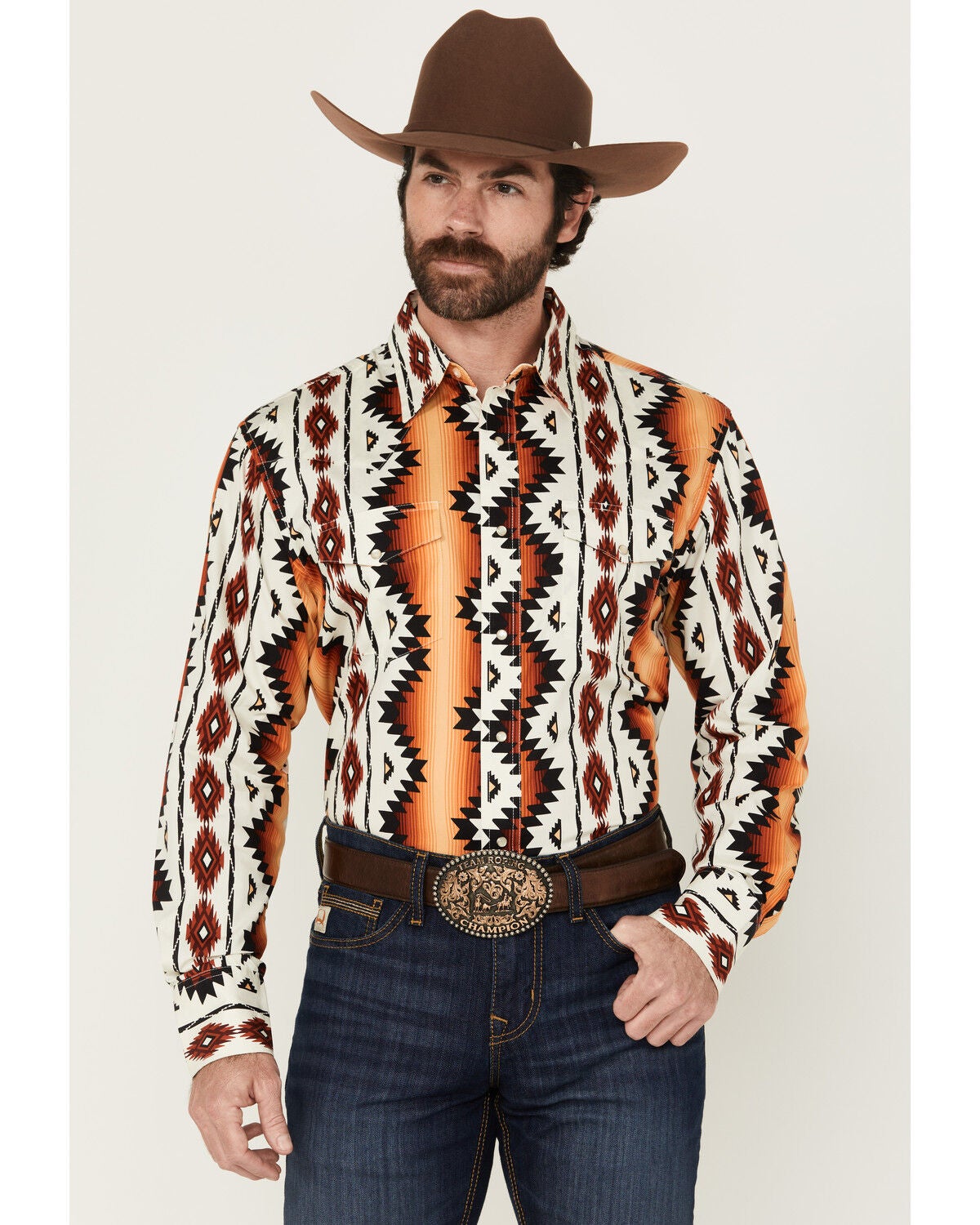 Wrangler Men's Checotah Southwestern Print Long Sleeve Snap Western Shirt - Tall, Orange, hi-res