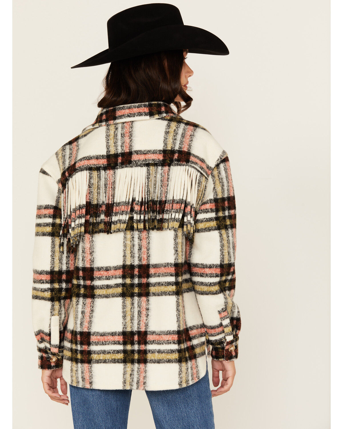 Image #4 - Rock & Roll Denim Women's Plaid Print Fringe Shacket, Natural, hi-res