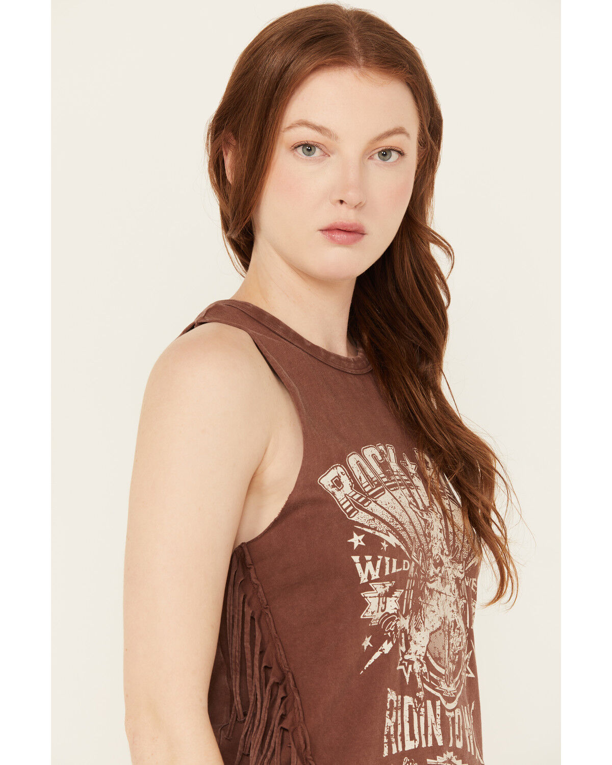 Image #2 - Rock & Roll Denim Women's Riding to Win Fringe Graphic Sleeveless Tank, Brown, hi-res