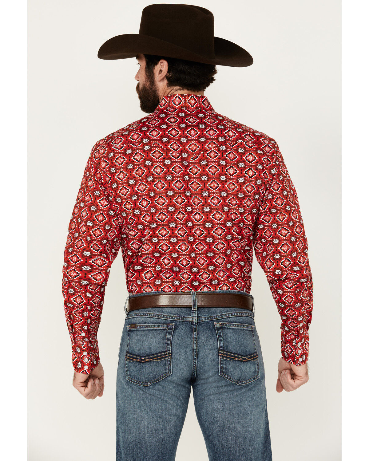 Image #4 - Rodeo Clothing Men's Southwestern Print Long Sleeve Pearl Snap Stretch Western Shirt, Red, hi-res
