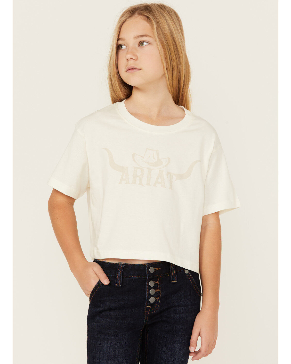 Image #1 - Ariat Girls' Logo Short Sleeve Graphic Cropped Tee, White, hi-res