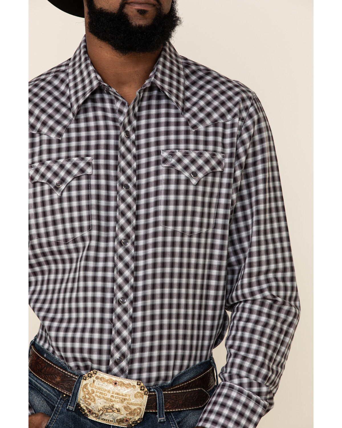 Image #3 - Stetson Men's Original Rugged Ombre Check Twill Plaid Long Sleeve Western Shirt, Burgundy, hi-res