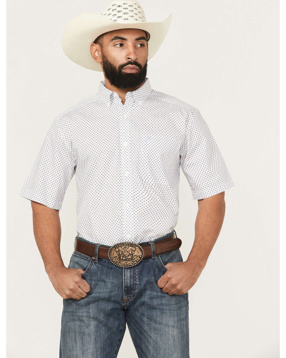 Image #1 - Ariat Men's Damien Wrinkle Free Geo Print Short Sleeve Button-Down Western Shirt, White, hi-res