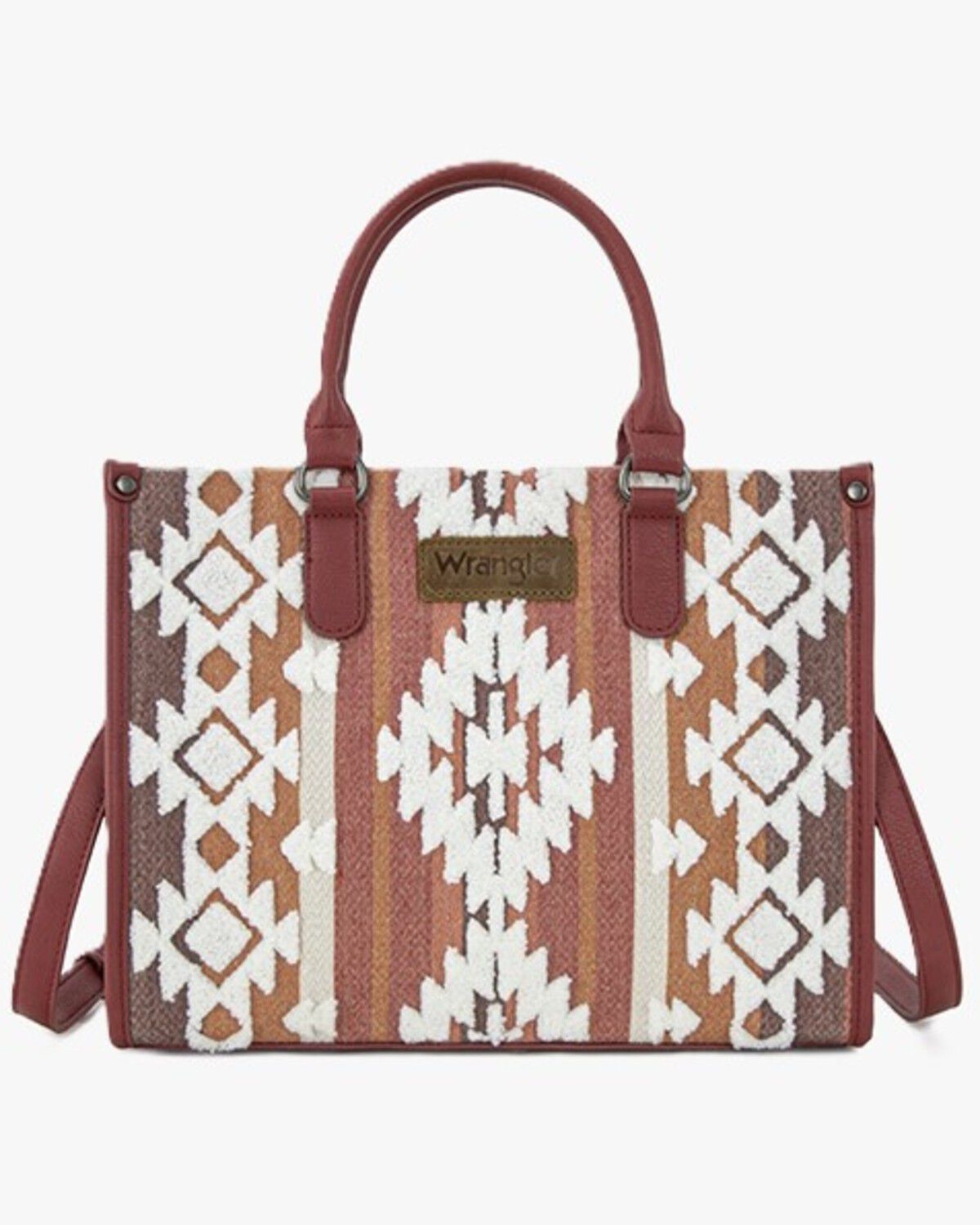 Wrangler Women's Sherpa Southwestern Print Canvas Crossbody Tote, Burgundy, hi-res