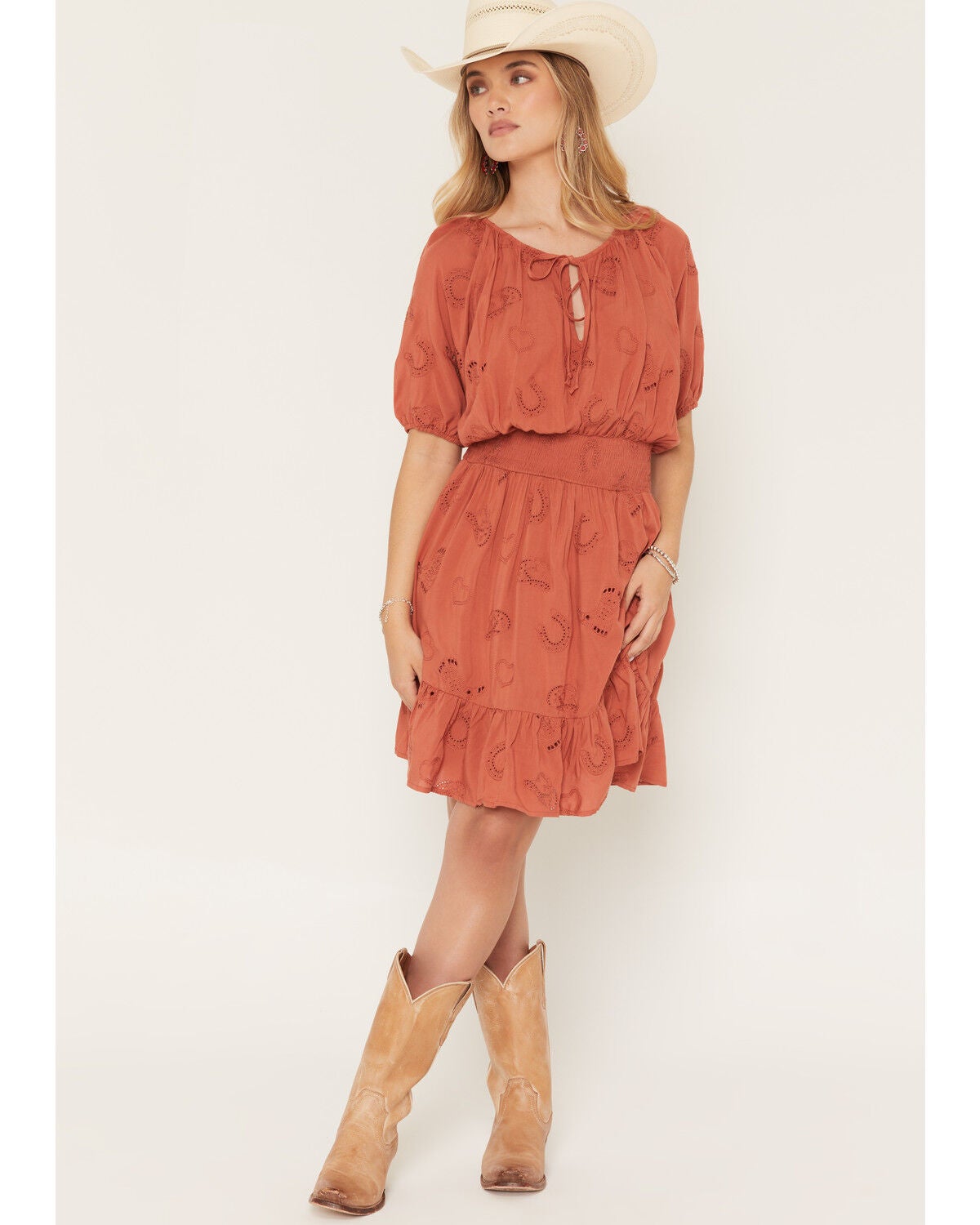 Wild Moss Women's Western Embroidered Cutout Mini Dress, Rust Copper, hi-res