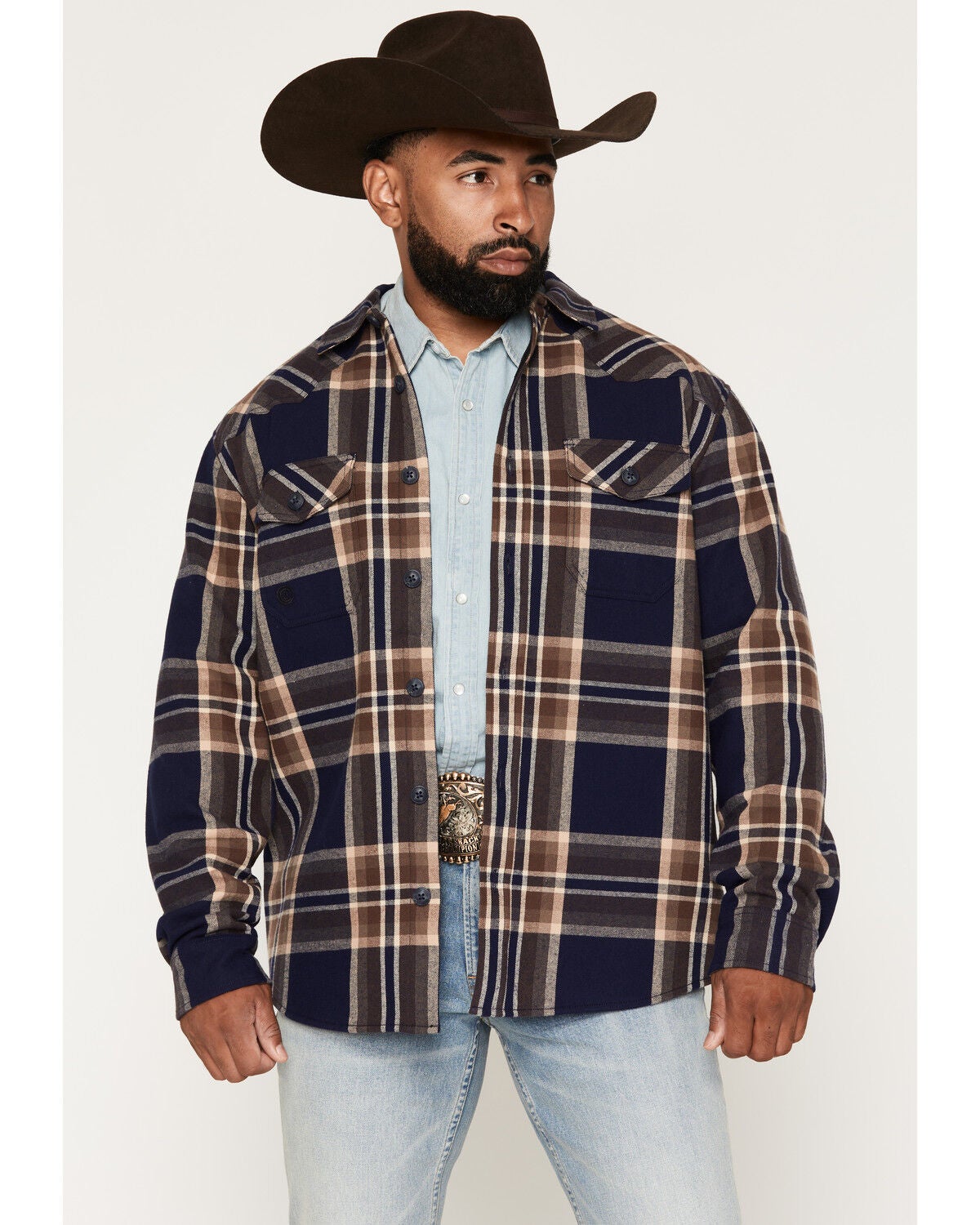 Image #1 - Cody James Men's Trailhead Plaid Print Flannel Fleece Lined Shirt Jacket, Navy, hi-res