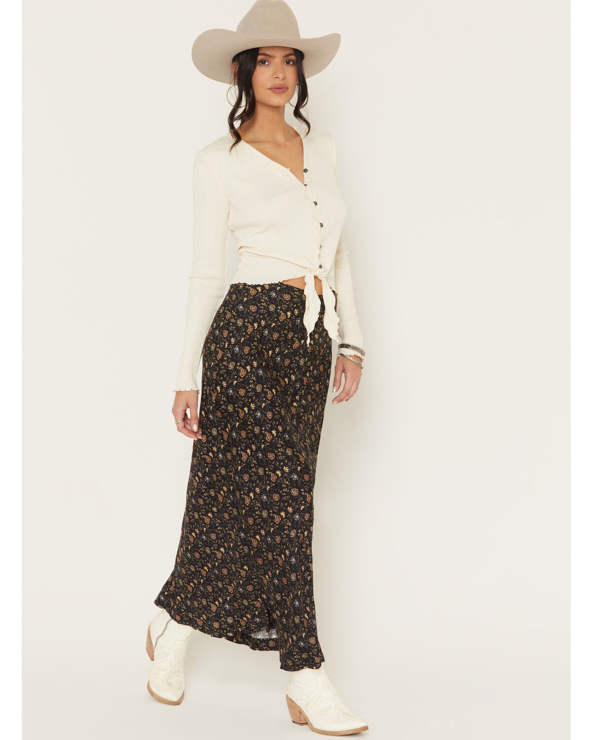 Image #1 - Sendero Provisions Women's Pearla Floral Print Midi Skirt, Black, hi-res