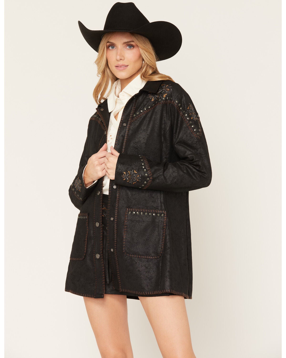 Shyanne Women's Faux Suede Metallic Embroidered Studded Jacket, Black, hi-res