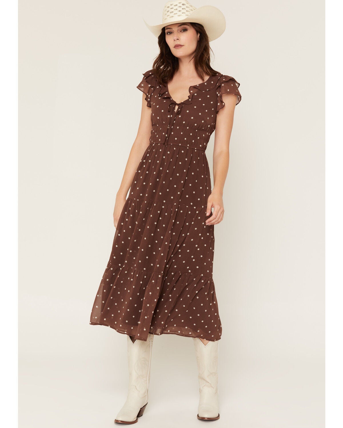 Image #1 - Ash & Violet Women's Polka Dot Ruffle Smocked Waist Midi Dress, Brown, hi-res