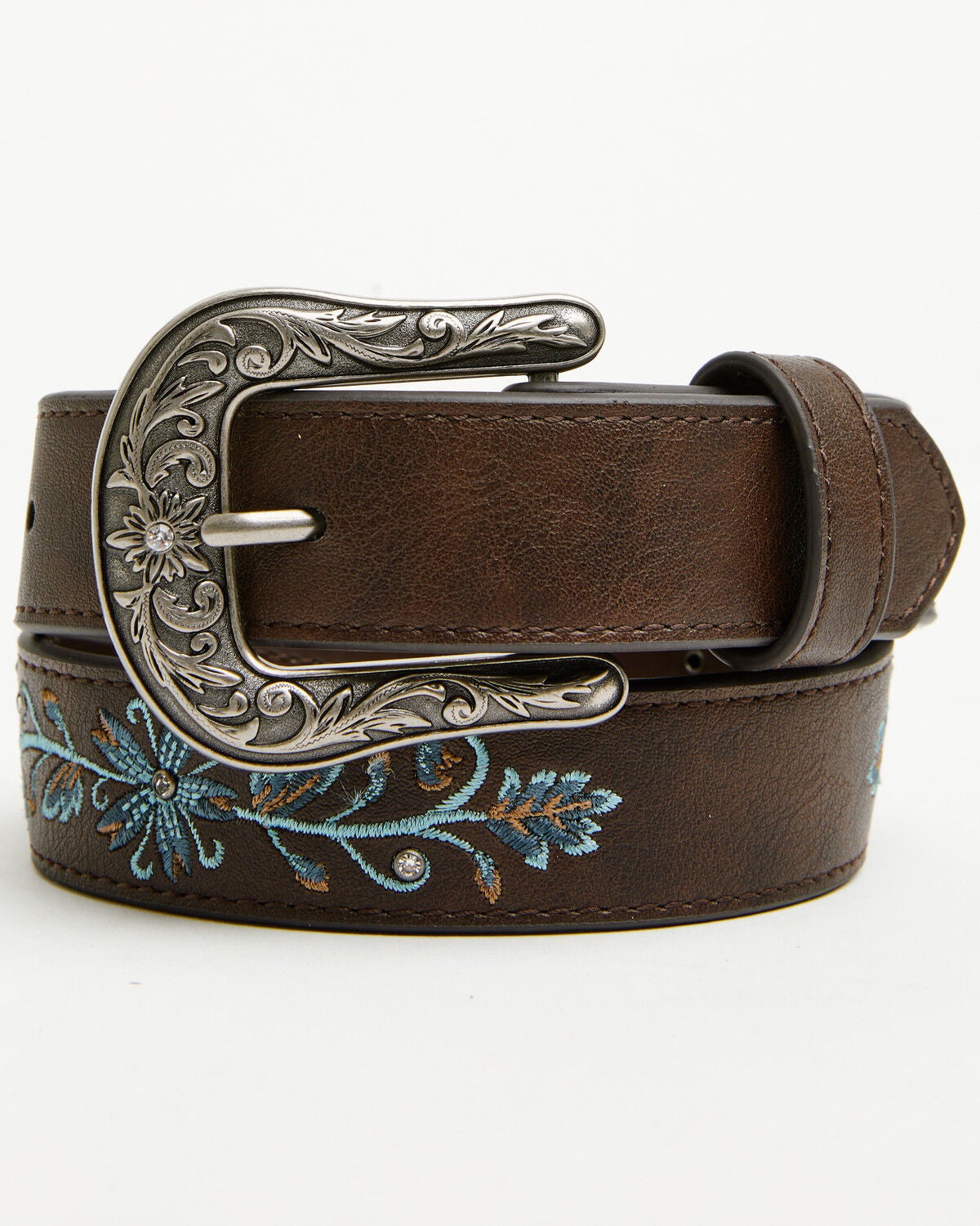 Shyanne Girls' Alina Floral Embroidered Belt, Dark Brown, hi-res