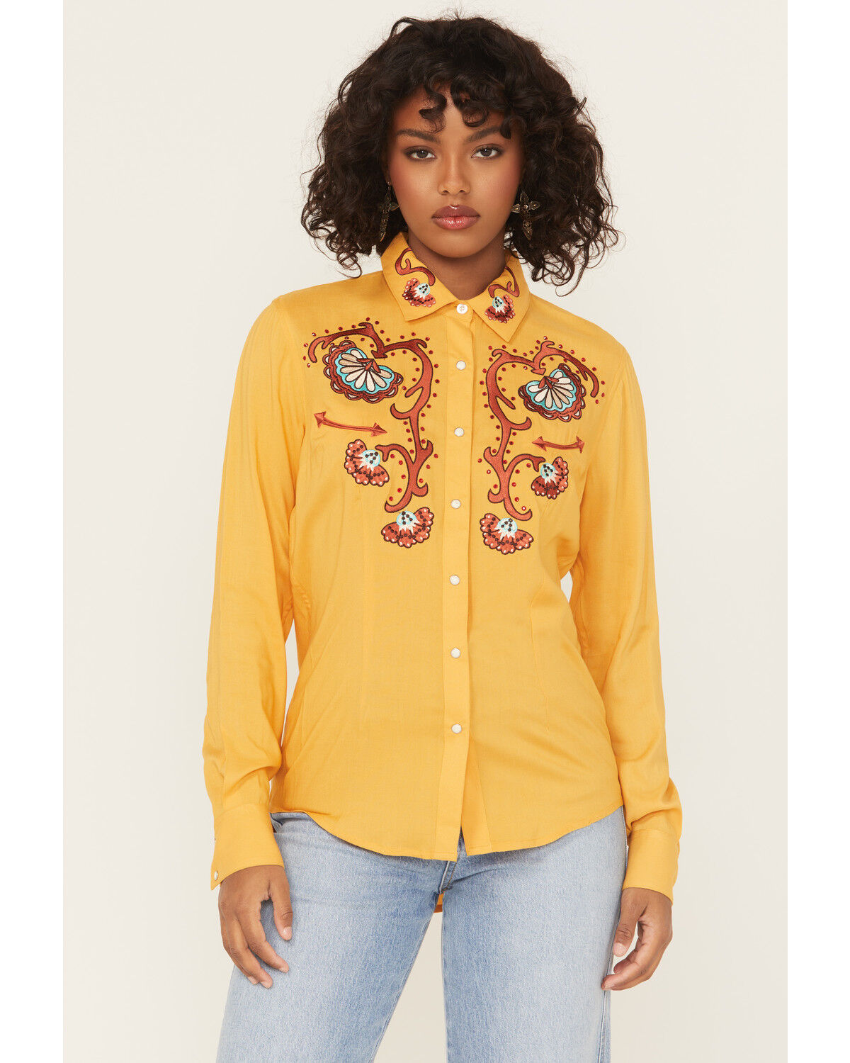 Image #1 - Panhandle Women's Retro Rhinestone Embroidered Long Sleeve Snap Western Shirt, Mustard, hi-res