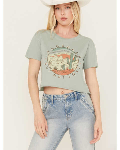 Kerusso Women's Wanderer But Not Lost Desert Cropped Graphic Tee, Green, hi-res