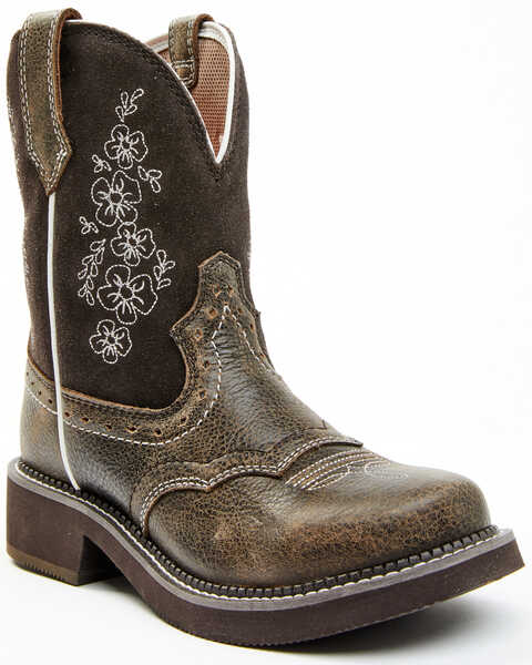 Image #1 - Shyanne Women's Adalia Floral Stitched Shaft Leather Western Boots - Wide Round Toe , Brown, hi-res