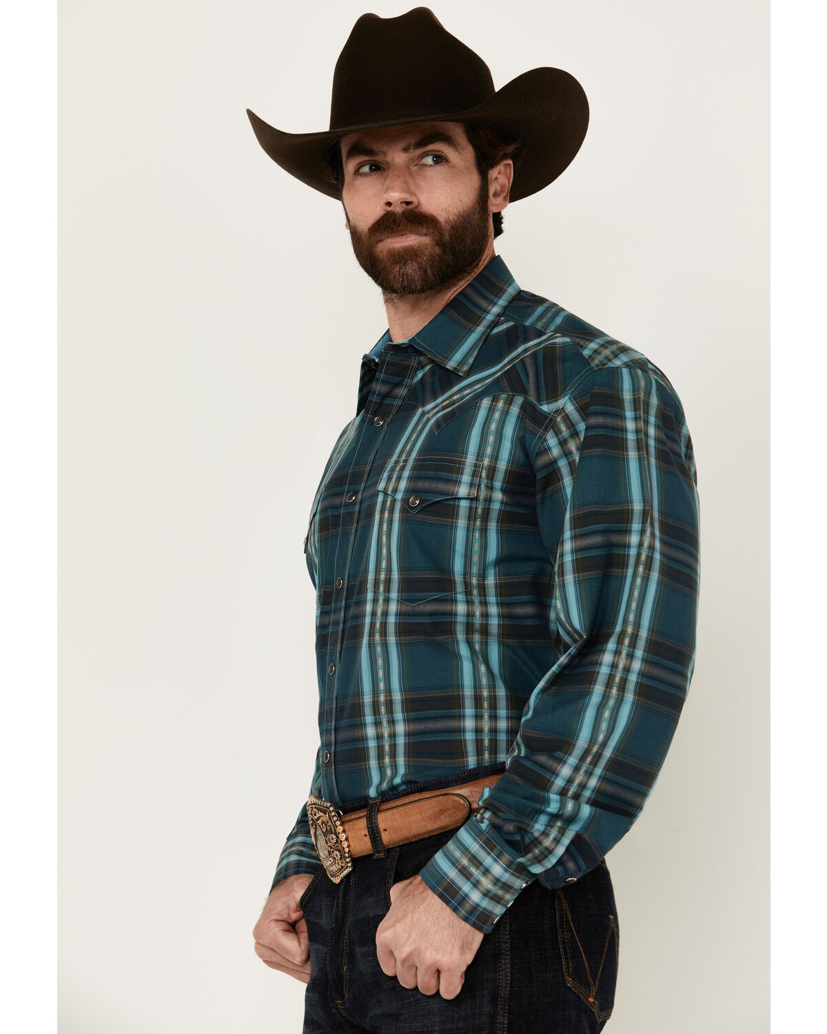 Image #2 - Stetson Men's Plaid Print Long Sleeve Pearl Snap Western Shirt, Blue, hi-res