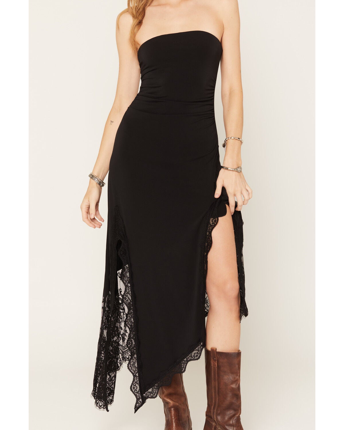 Image #3 - Cleo + Wolf Women's Asymmetrical Double Slit Lace Tube Midi Dress, Black, hi-res