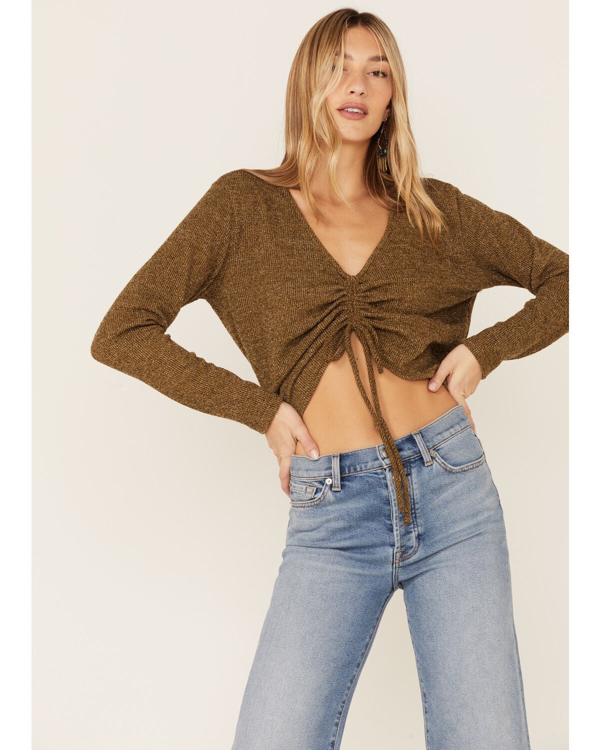 Wild Moss Women's Olive Ribbed Lurex Cinch Front Knit Top, Olive, hi-res