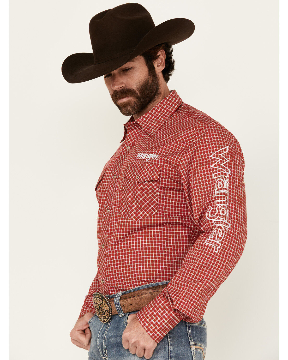 Image #2 - Wrangler Men's Logo Checkered Print Long Sleeve Snap Western Shirt - Tall, Red, hi-res