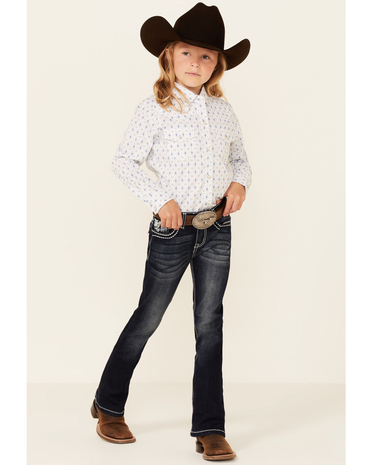 Image #2 - Ely Walker Girls' Southwestern Geo Print Long Sleeve Pearl Snap Western Shirt, White, hi-res