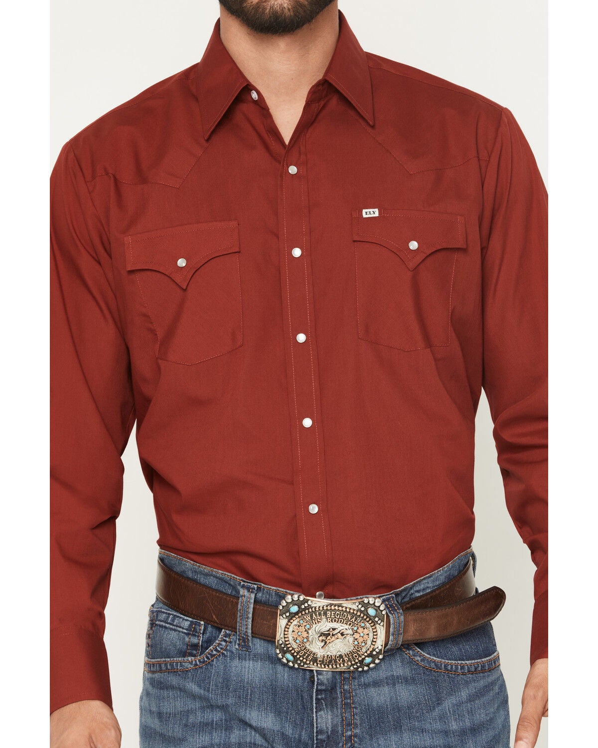 Image #3 - Ely Walker Men's Solid Long Sleeve Snap Stretch Western Shirt, Red, hi-res