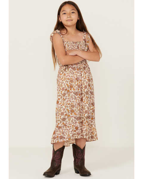 Cotton & Rye Girls' Floral Print Maxi Dress, Rust Copper, hi-res