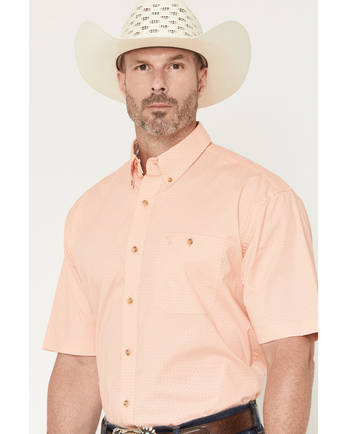 Image #2 - George Strait by Wrangler Men's Geo Print Short Sleeve Button-Down Stretch Western Shirt, Orange, hi-res