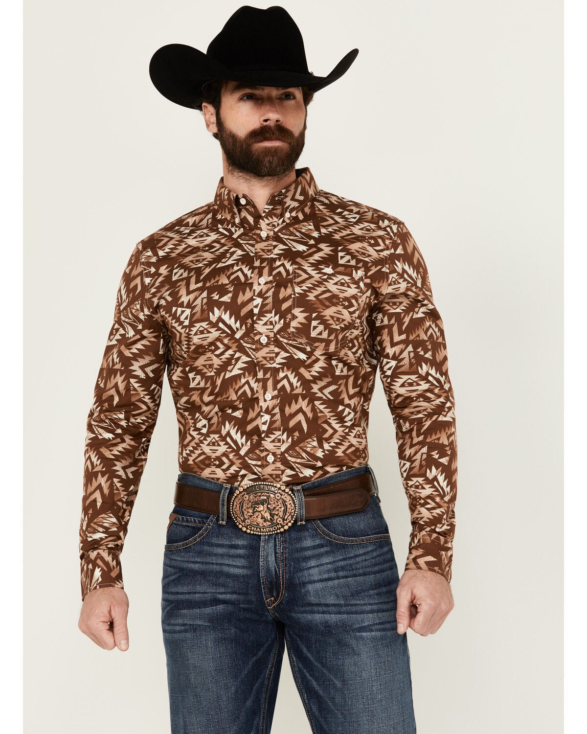 Image #1 - RANK 45&reg; Men's Hopewood Abstract Southwestern Print Long Sleeve Button-Down Stretch Western Shirt, Rust Copper, hi-res