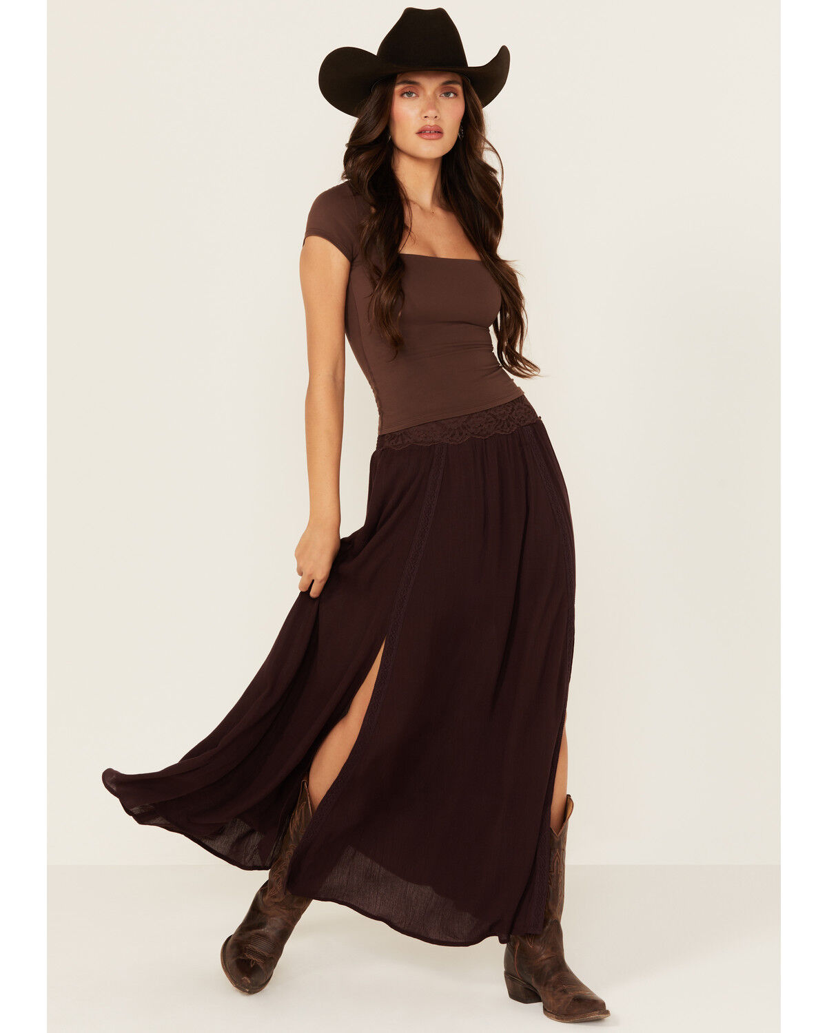 Image #1 - Shyanne Women's Lace Inset Maxi Skirt, Chocolate, hi-res