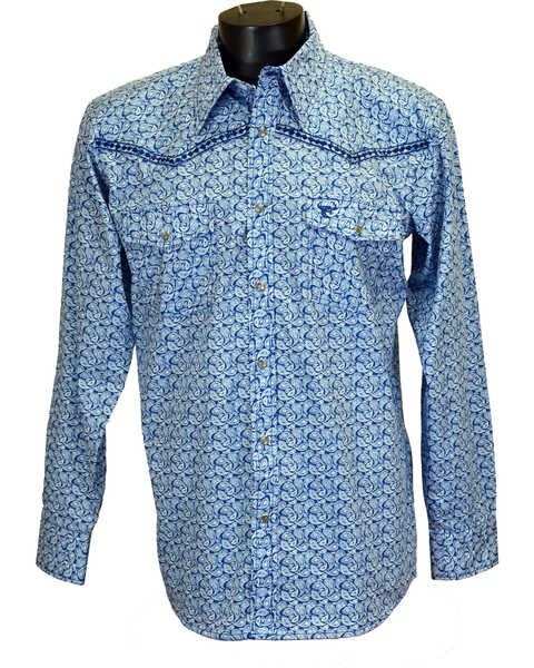 Cowboy Hardware Men's Paisley and Diamond Stitched Long Sleeve Shirt, Blue, hi-res