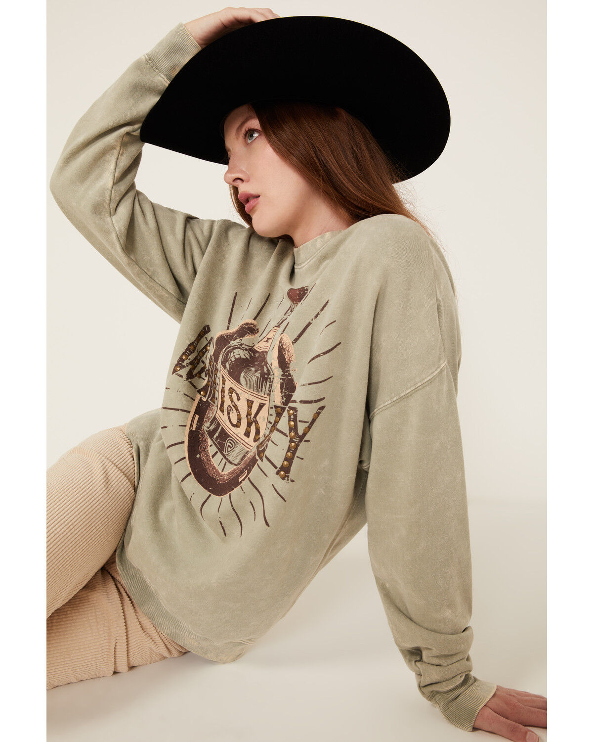 Image #1 - Rock & Roll Denim Women's Whiskey Graphic Sweatshirt, Olive, hi-res