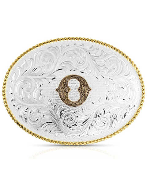 Montana Silversmiths Classic Western Oval Two-Tone Initial Belt Buckle - O, Silver, hi-res