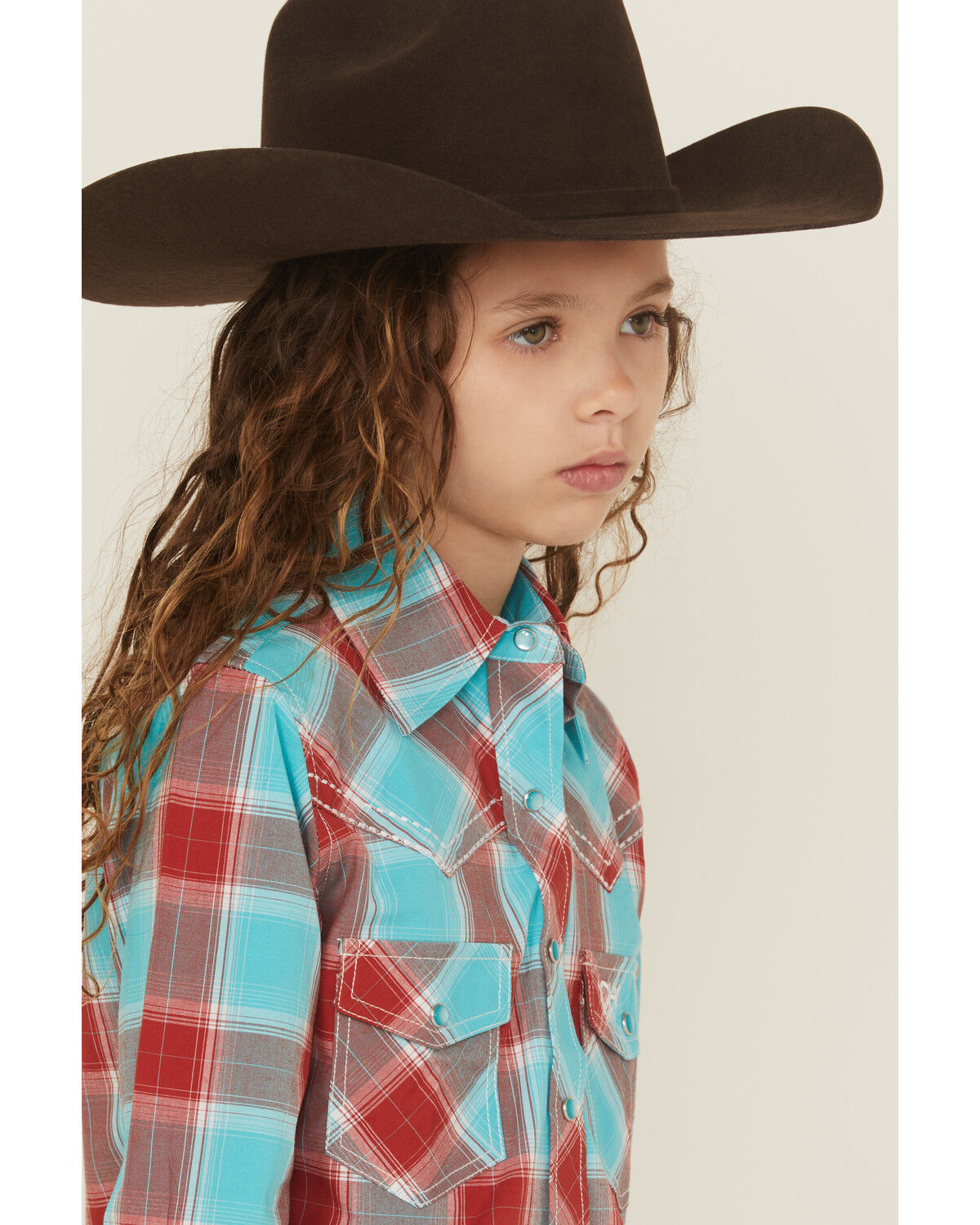 Image #2 - Cowgirl Hardware Girls' Plaid Print Long Sleeve Pearl Snap Stretch Western Shirt, Red, hi-res