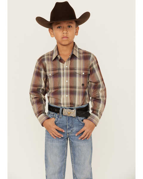 Roper Boys' Amarillo Plaid Print Long Sleeve Pearl Snap Western Shirt, Grey, hi-res
