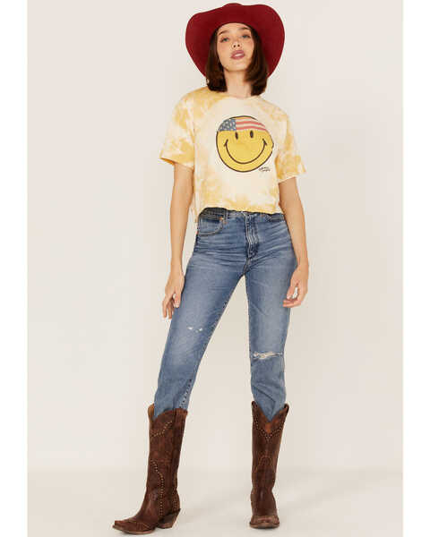 Image #2 - Bohemian Cowgirl Women's Boot Barn Exclusive Americana Smiley Face Graphic Bleach Spray Tee, Mustard, hi-res