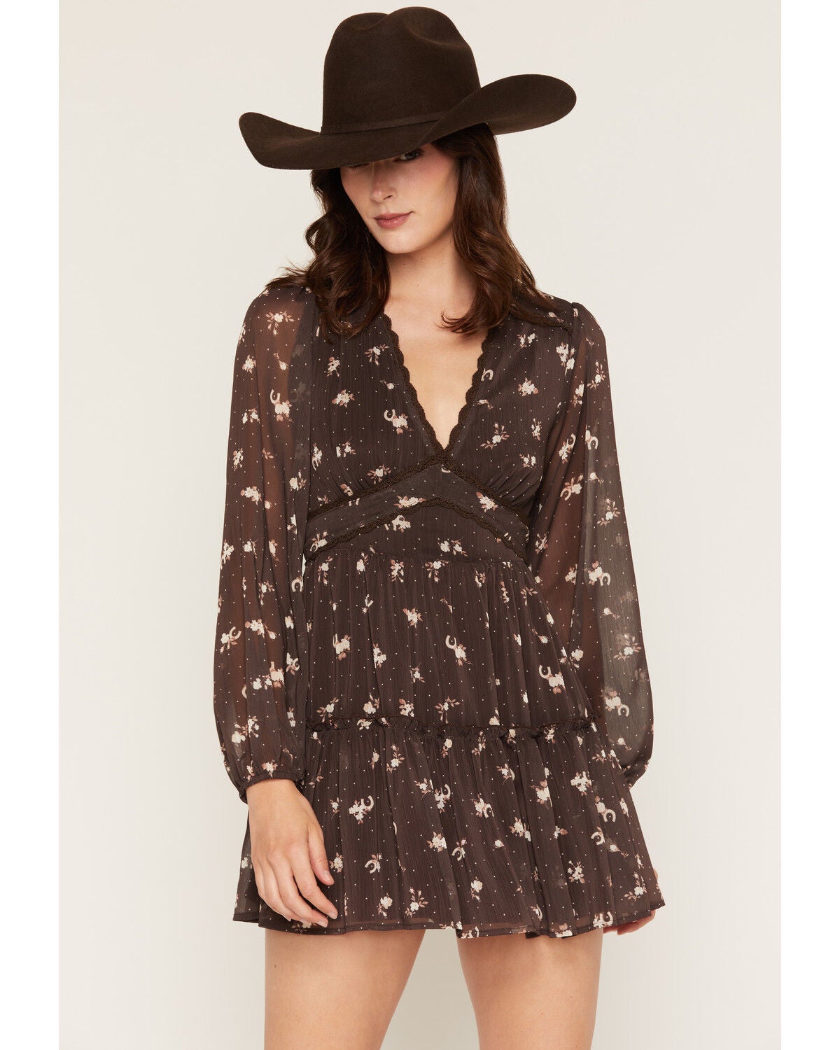Image #1 - Trixxi Women's Floral Print Polka Dot Long Sleeve Mini Dress, Brown, hi-res
