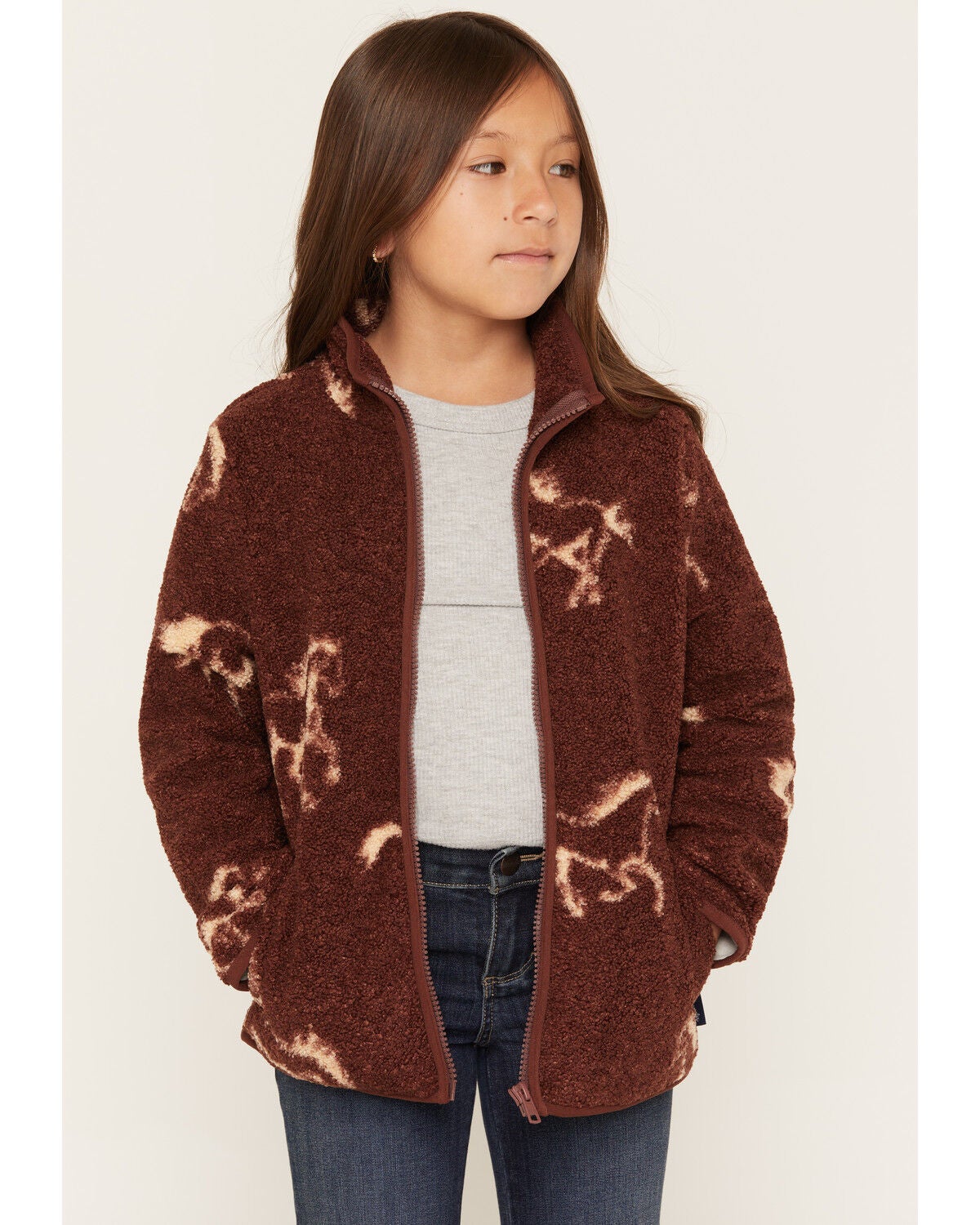 Wrangler Girls' Hay Away Horse Print Full Zip Jacket, Brown, hi-res
