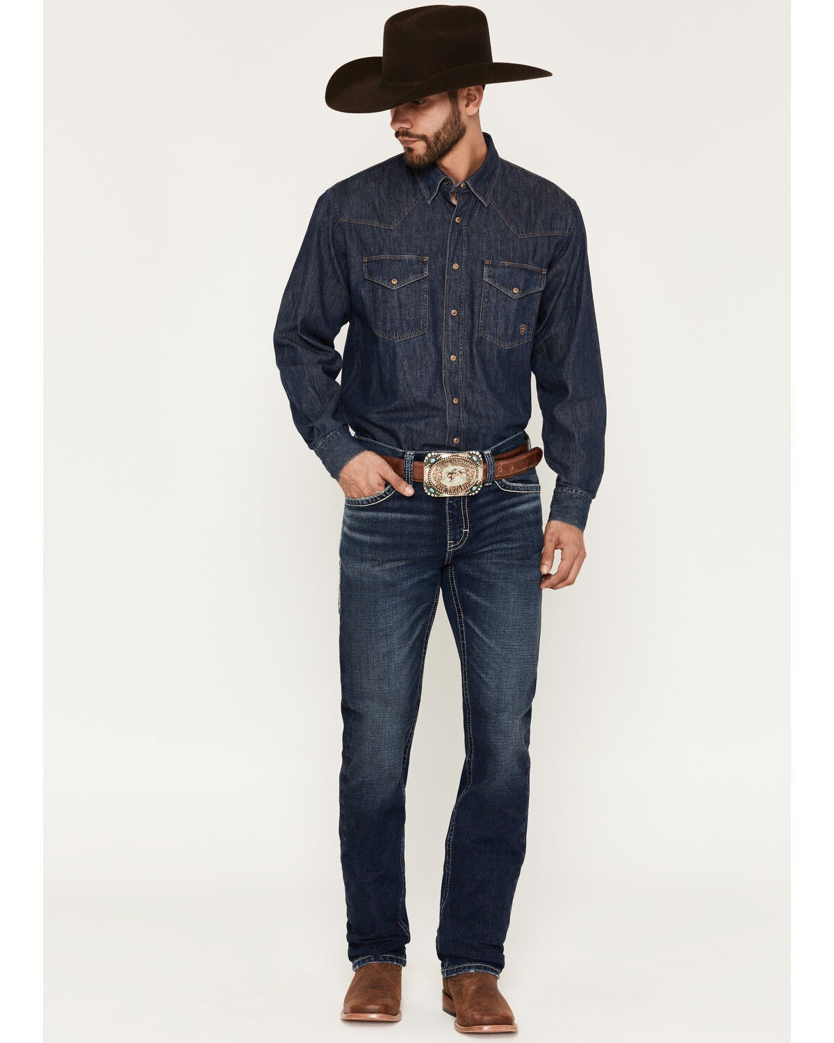 Image #1 - Ariat Men's M8 Hillcrest Carlington Dark Wash Straight Stretch Denim Jeans, Dark Wash, hi-res