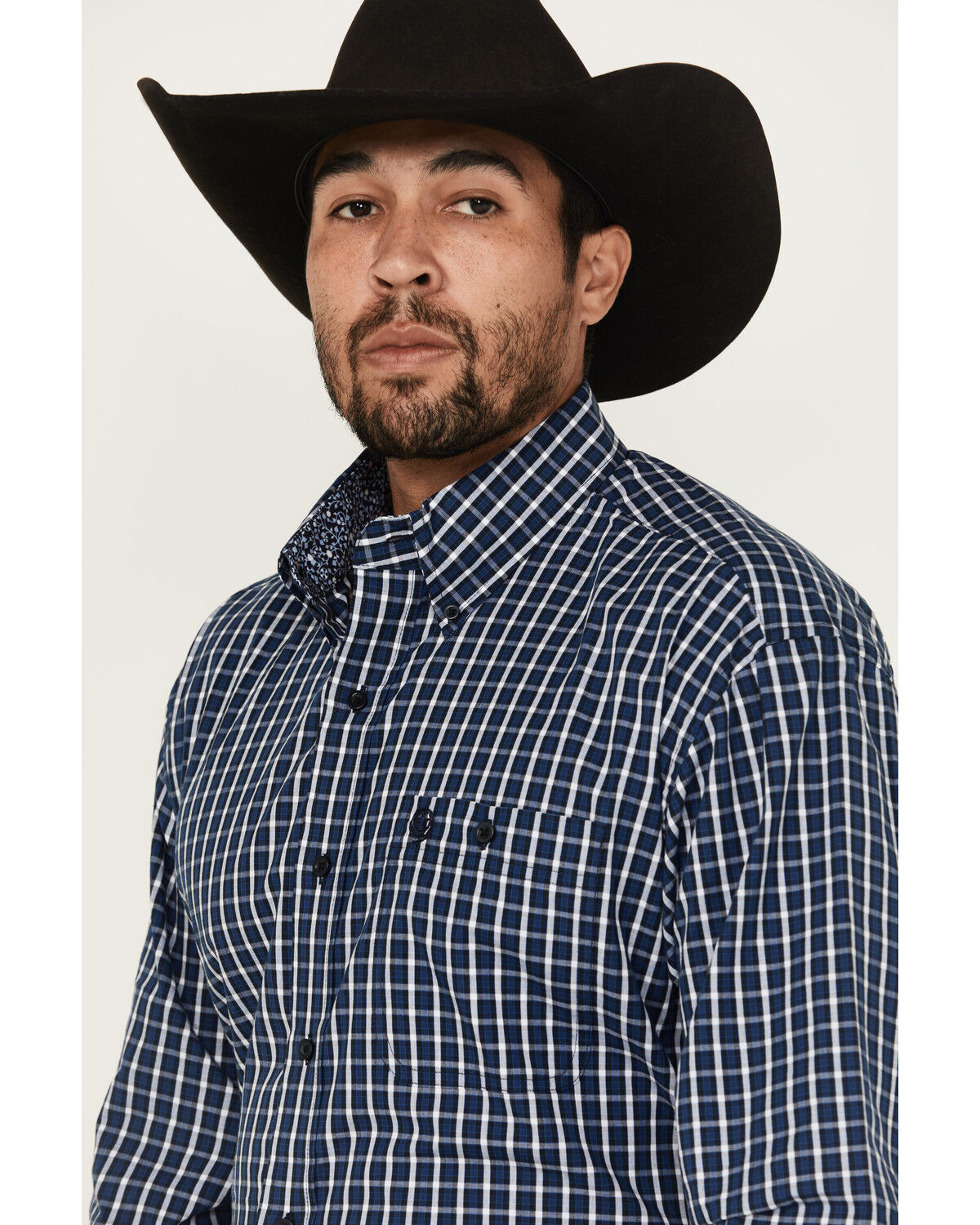 Image #2 - George Strait by Wrangler Men's Plaid Print Long Sleeve Button-Down Stretch Western Shirt, Blue, hi-res