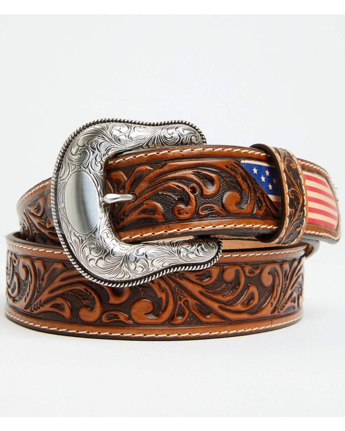 Leegin Men's Freedom Flag Tooled Leather Belt, Tan, hi-res