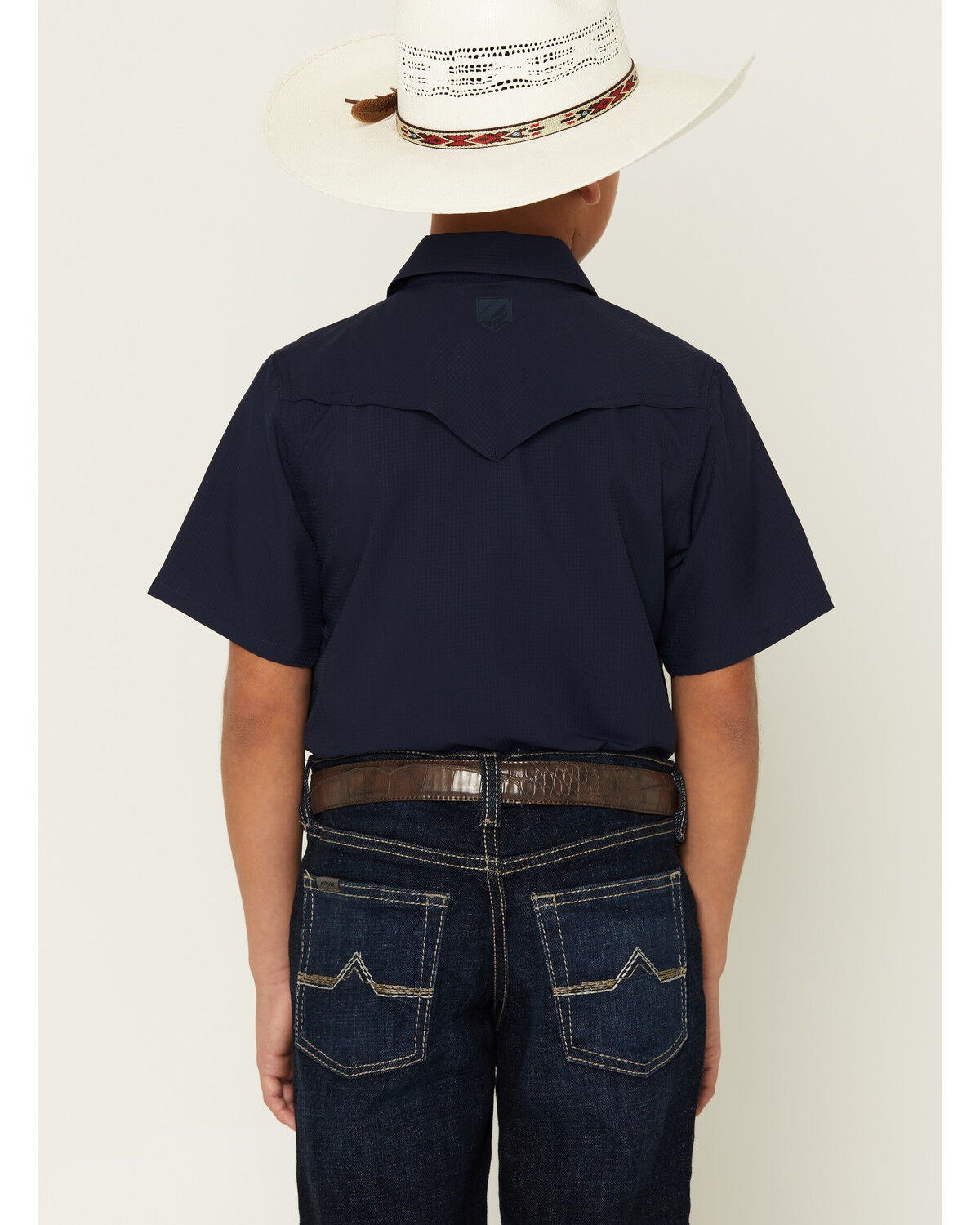 Image #4 - RANK 45&reg; Boys' Ridge Solid Short Sleeve Pearl Snap Performance Western Shirt, Navy, hi-res