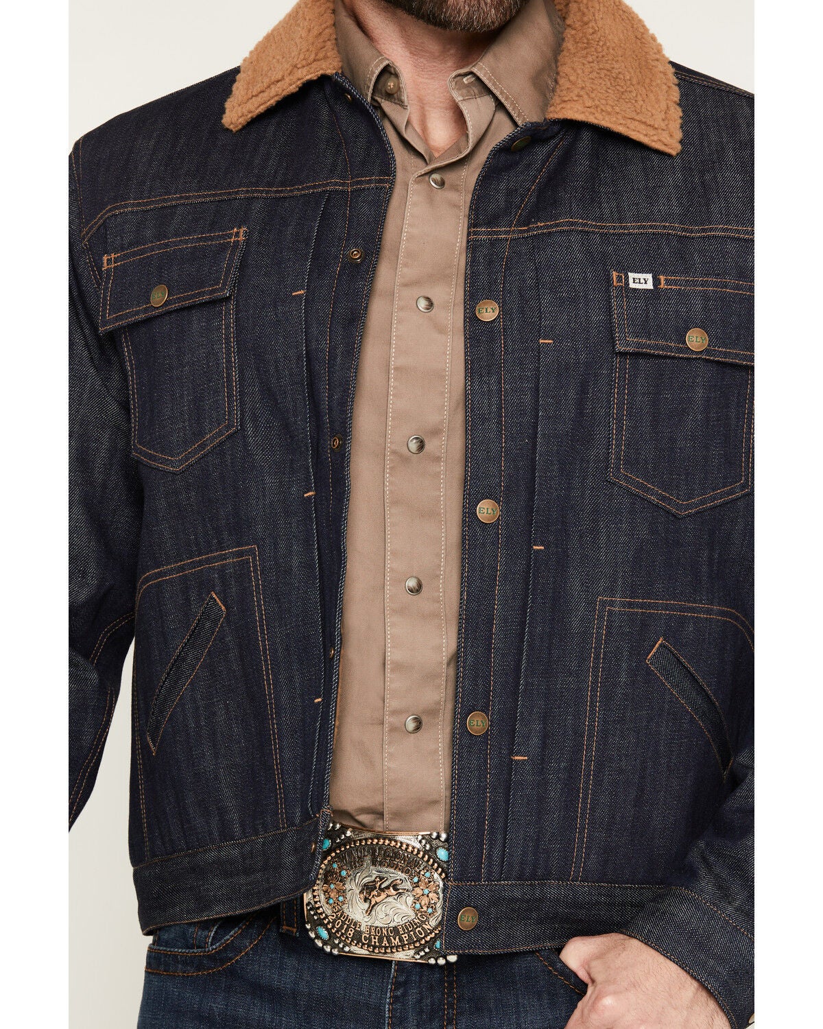 Image #3 - Ely Walker Men's Dark Wash Sherpa Lined Snap Denim Jacket, Dark Wash, hi-res