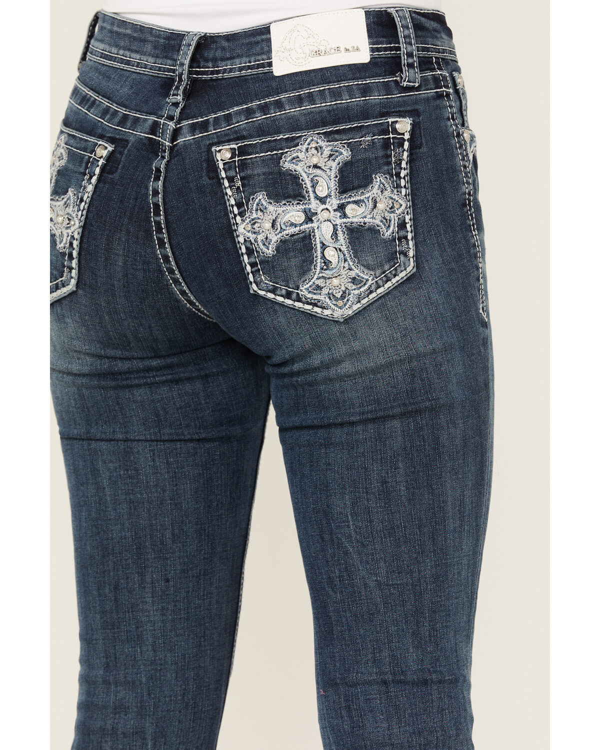 Image #2 - Grace In LA Women's Medium Wash Paisley Cross Pocket Bootcut Stretch Denim Jeans, Medium Wash, hi-res
