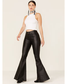 Rock & Roll Denim Women's Black High Rise Faux Leather Bell Bottom Pants, Black, hi-res