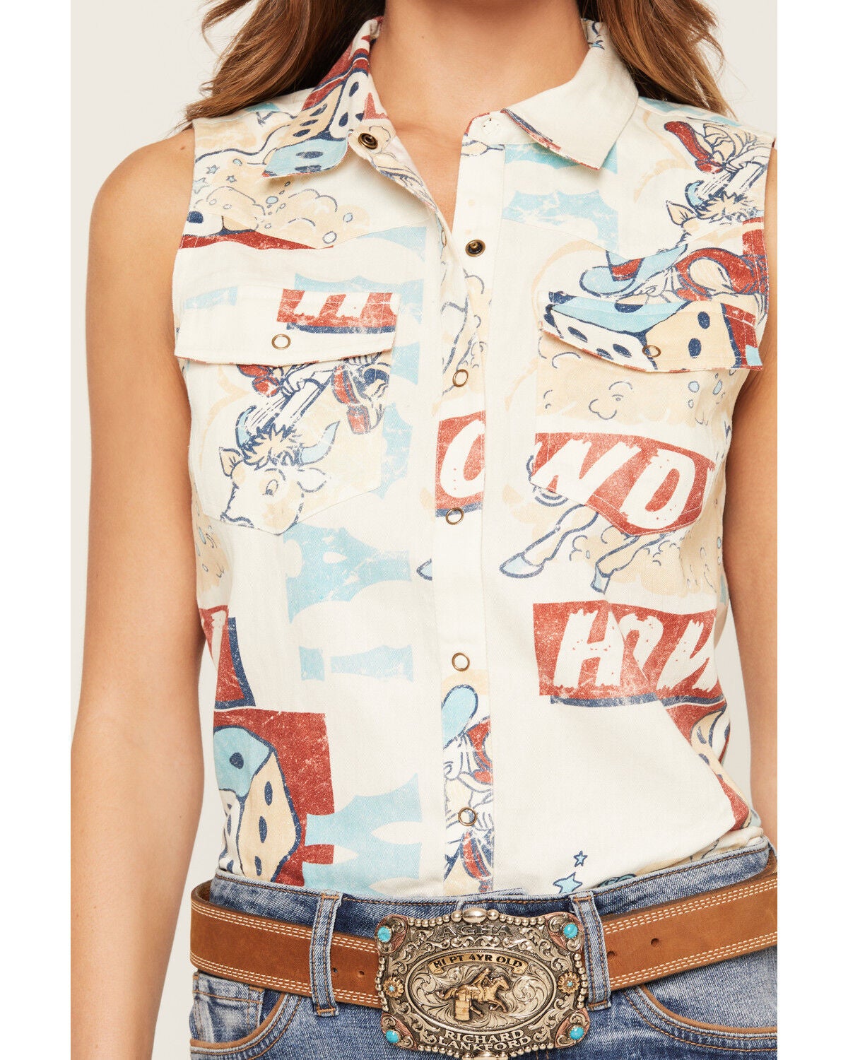 Image #3 - Shyanne Women's Santa Clara Conversation Print Sleeveless Snap Western Shirt, Cream, hi-res