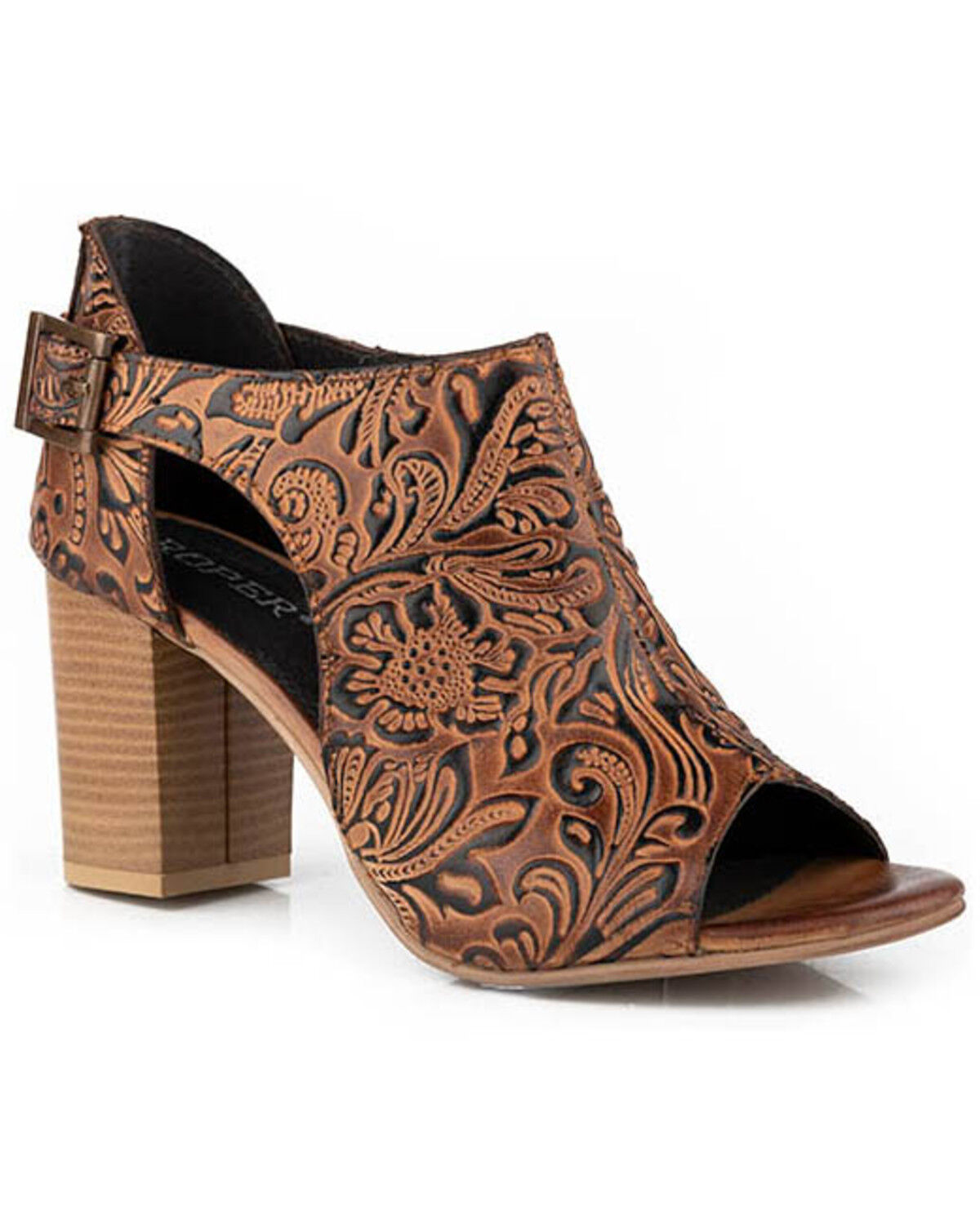 Image #1 - Roper Women's Mika Floral Tooled Sandals, Brown, hi-res