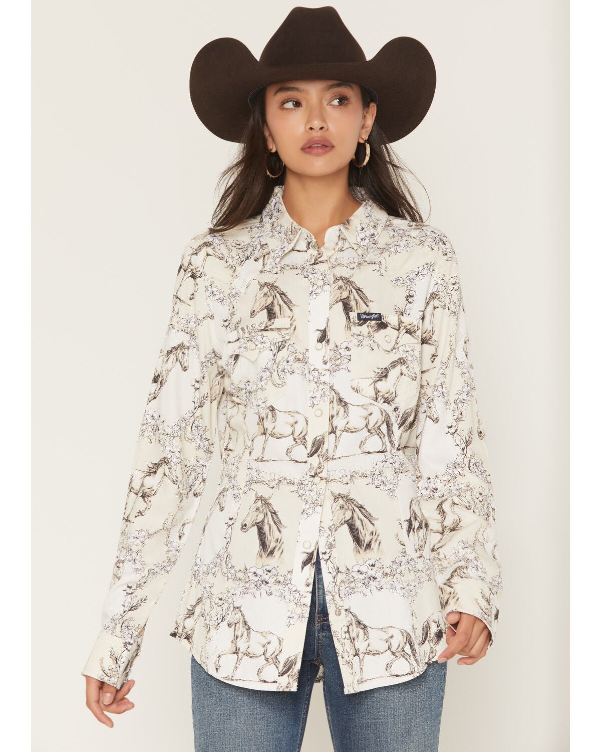 Image #1 - Wrangler Retro Women's Floral Horse Conversational Print Long Sleeve Snap Western Shirt, Cream, hi-res