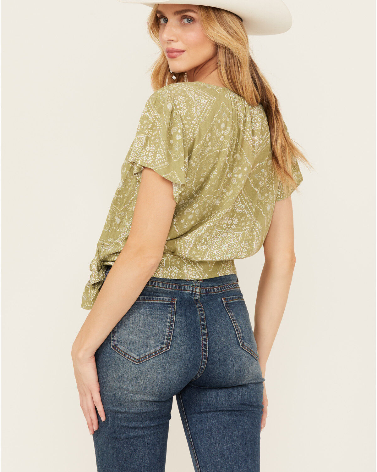 Image #4 - Ariat Women's Osage Bandana Print Short Sleeve Wrap Shirt, Sage, hi-res