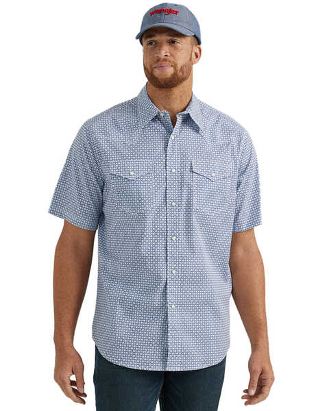 Wrangler 20X Men's Geo Print Short Sleeve Snap Stretch Western Shirt , Blue, hi-res